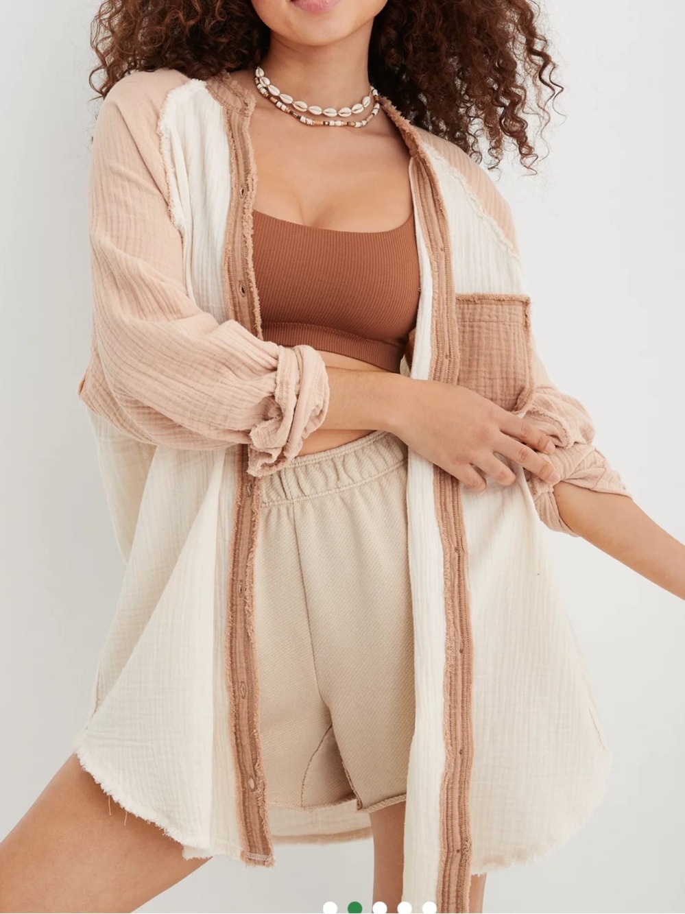 AERIE WOMENS GAUZEY COVERUP BUTTON DOWN SHIRT OVERSIZED MEDIUM CREAM PINK